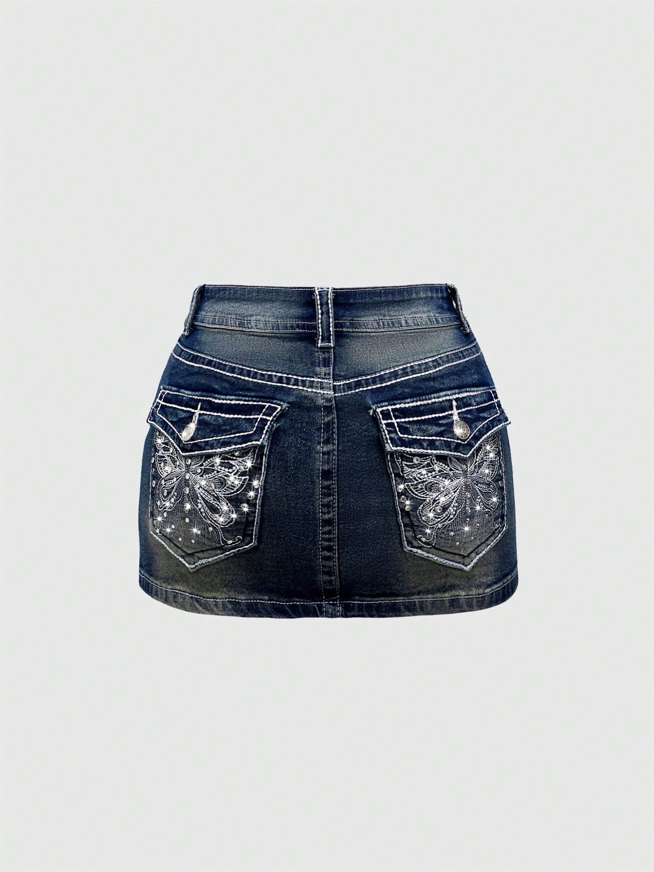 Embroidery Stitches - Low-Waist Denim Mini Skirt with Embroidered