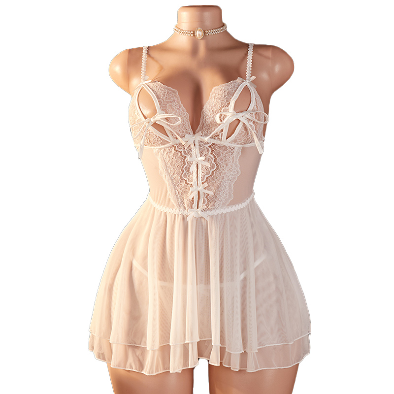 Embroidery White - Transparent Sexy Woman Lingerie Deep V