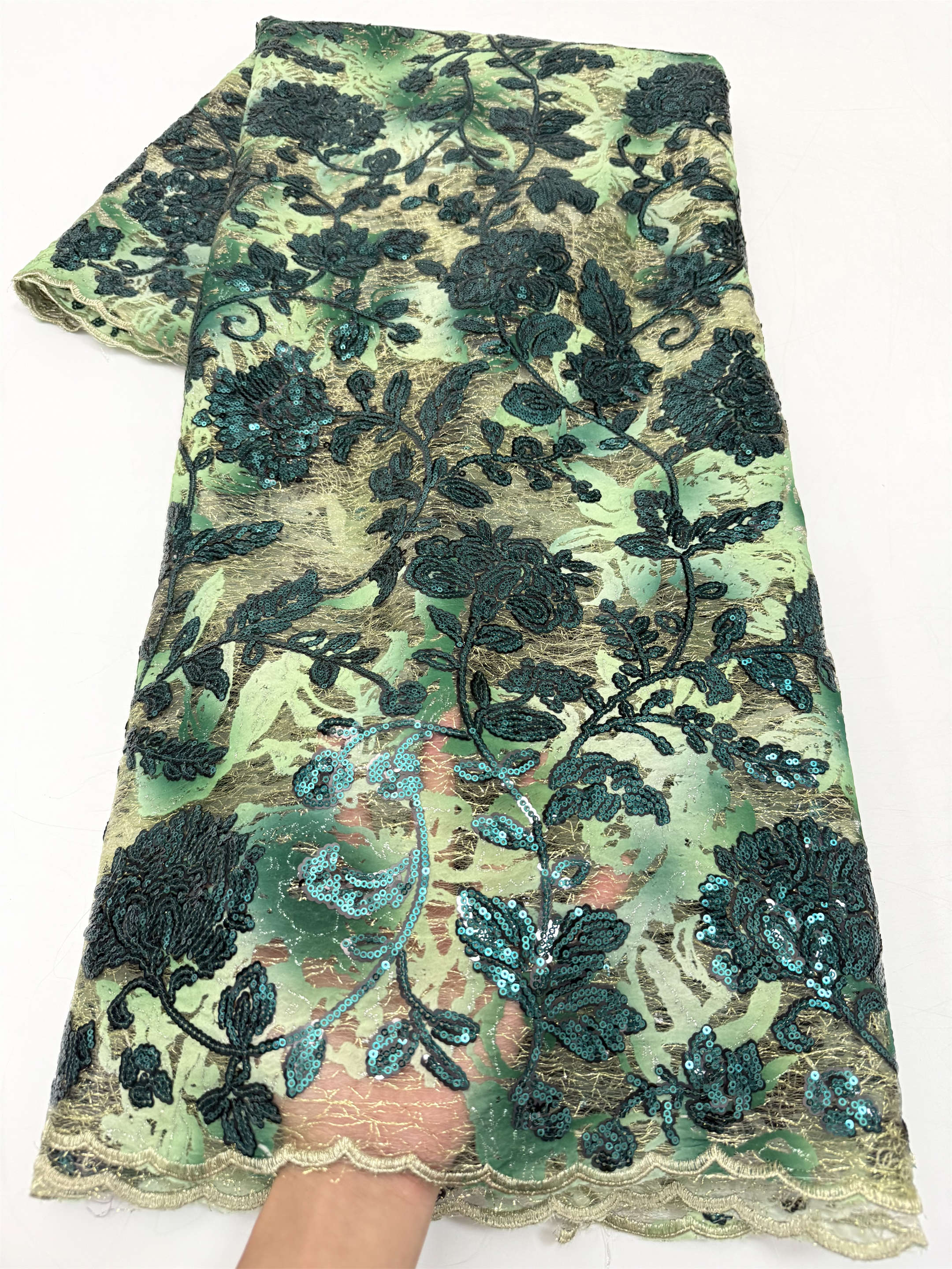 Green Mesh Tulle Lace Sequins  - Embroidery Net Fabric review and price