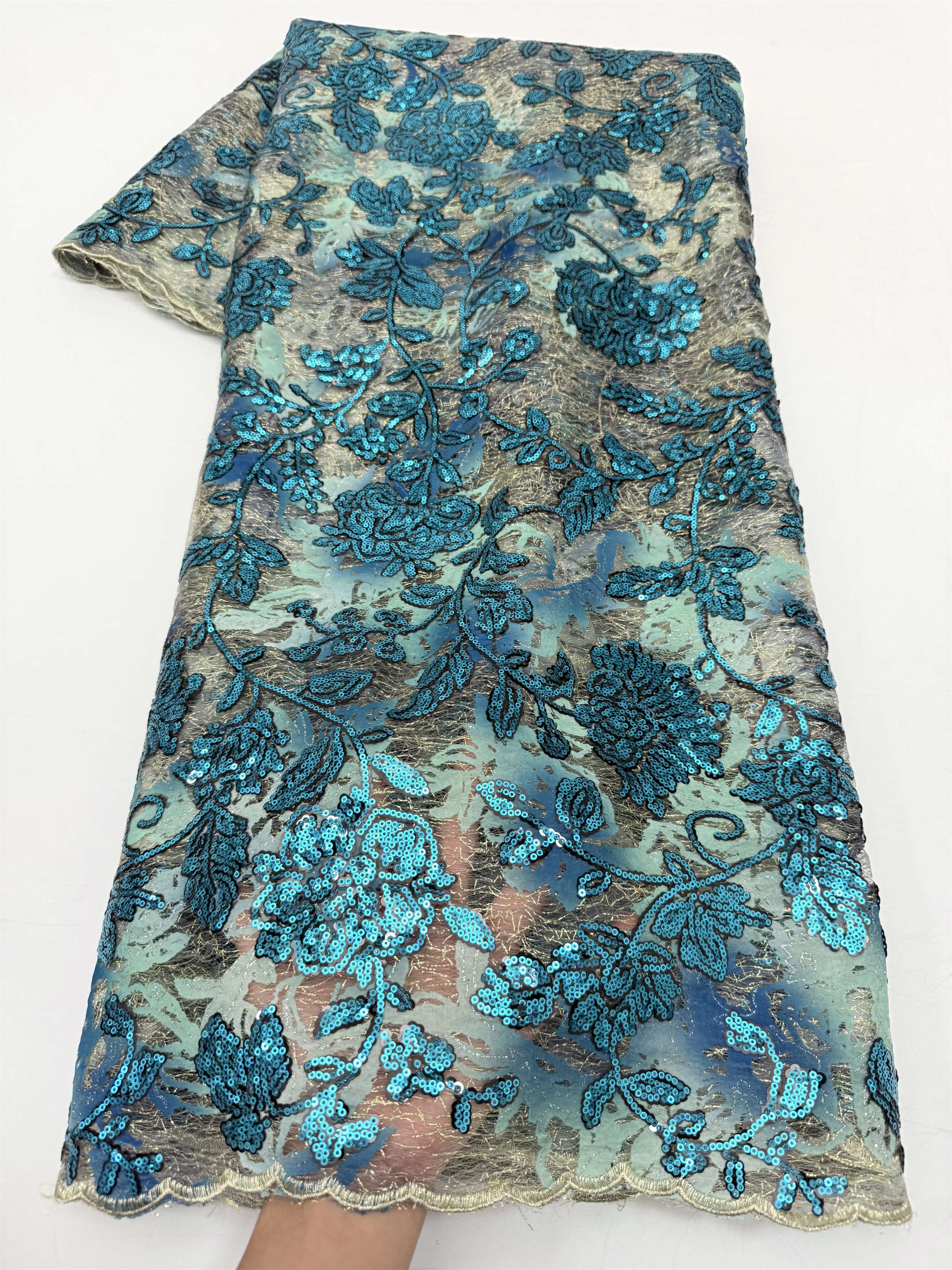 Green Mesh Tulle Lace Sequins  - Embroidery Net Fabric review and price