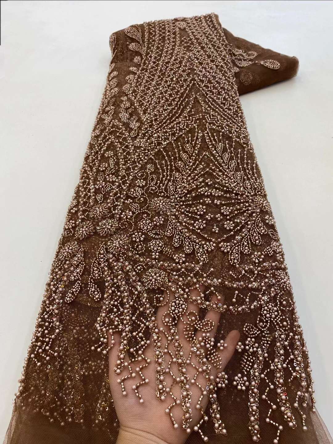 Brown Sequin Beaded Embroidery - Embroidery Net Fabric review and price